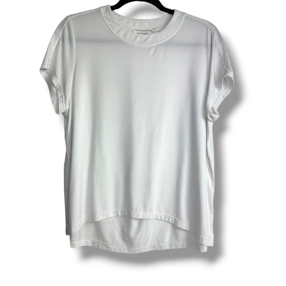Athleta T-Shirt Womens XS White Back Pleat High-Low Short Sleeve Crew Neck Top